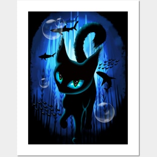 Aquaticat - Black Cat in Deep Ocean Fantasy Scenery Surreal Art Posters and Art